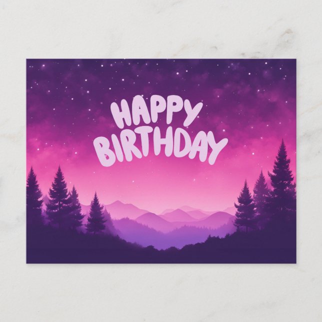 Carte Postale Joyeux Anniversaire Nuit Étoilée, Montagnes, Forêt (Devant)