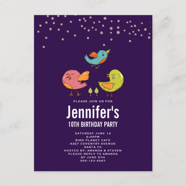 Carte Postale Joyeux Anniversaire Oiseaux Fantaisistes Colorés (Devant)