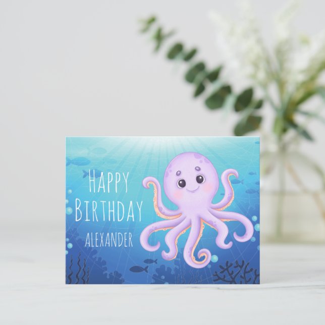 Carte Postale Joyeux Anniversaire Pieuvre Sous L'eau Océanique M (Debout devant)