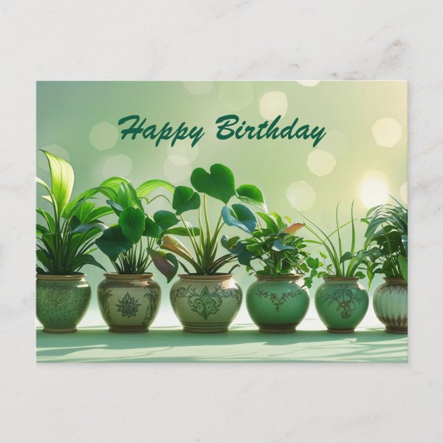 Carte Postale Joyeux Anniversaire Plantes de Maison Vertes dans  (Devant)