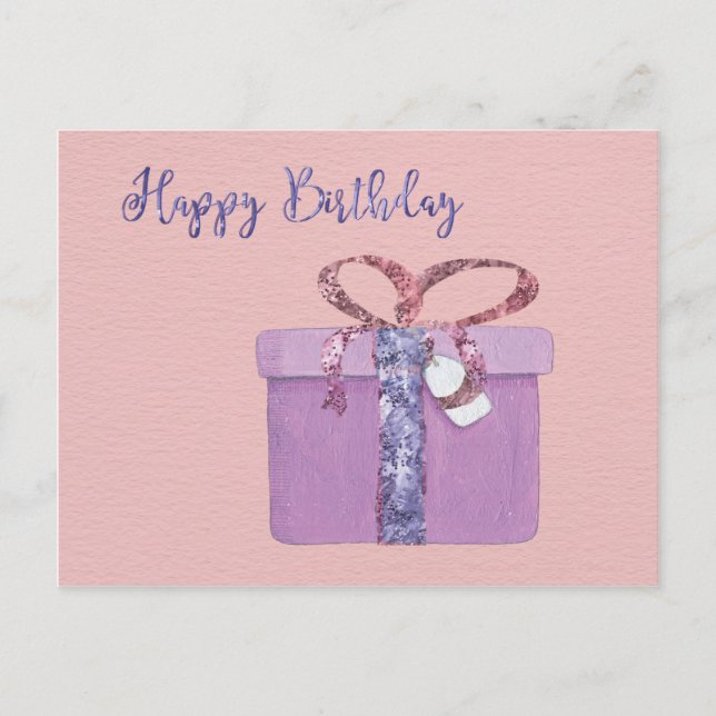 Carte Postale Joyeux anniversaire présent sur rose (Devant)