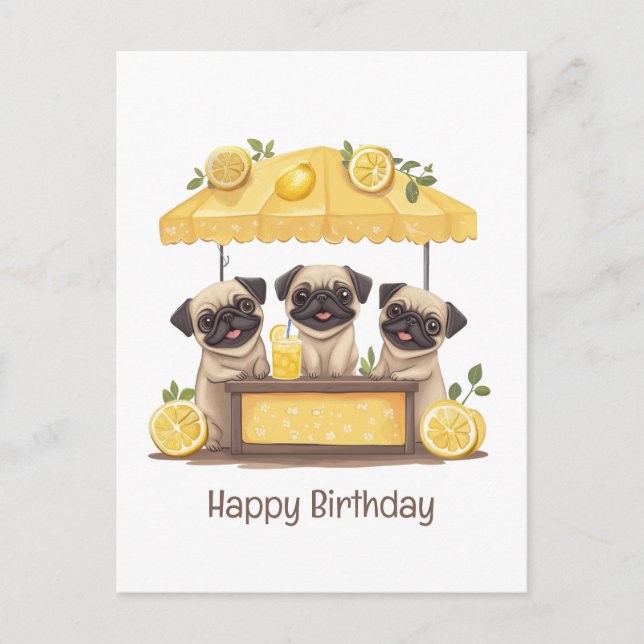 Carte Postale Joyeux Anniversaire Pug Chiens Stand de Limonade (Devant)