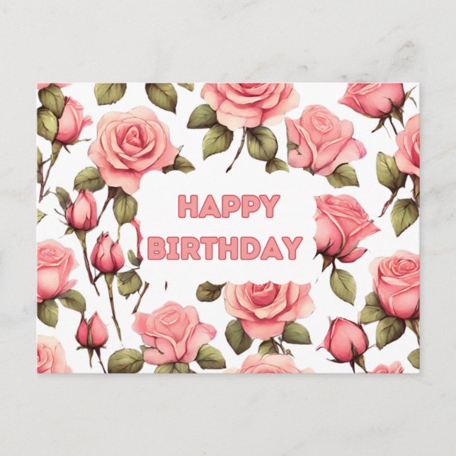 Carte Postale Joyeux Anniversaire Roses Aquarelle Rose  (Devant)