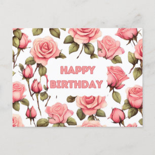 Carte Postale Joyeux anniversaire Roses d'aquarelle rose