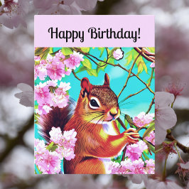 Carte Postale Joyeux Anniversaire Sakura Écureuil dans les Fleur