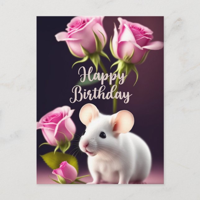 Carte Postale Joyeux Anniversaire Souris Mignonne avec Roses Ros (Devant)