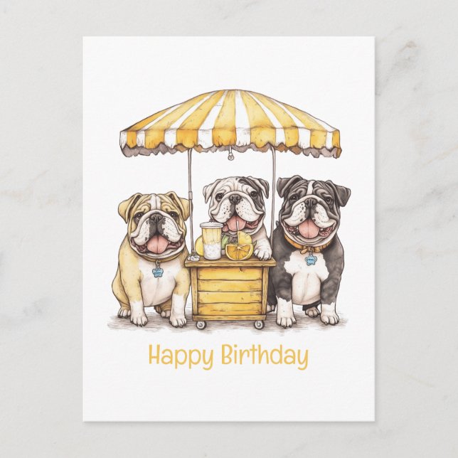 Carte Postale Joyeux Anniversaire Stand de Limonade Bouledogues  (Devant)