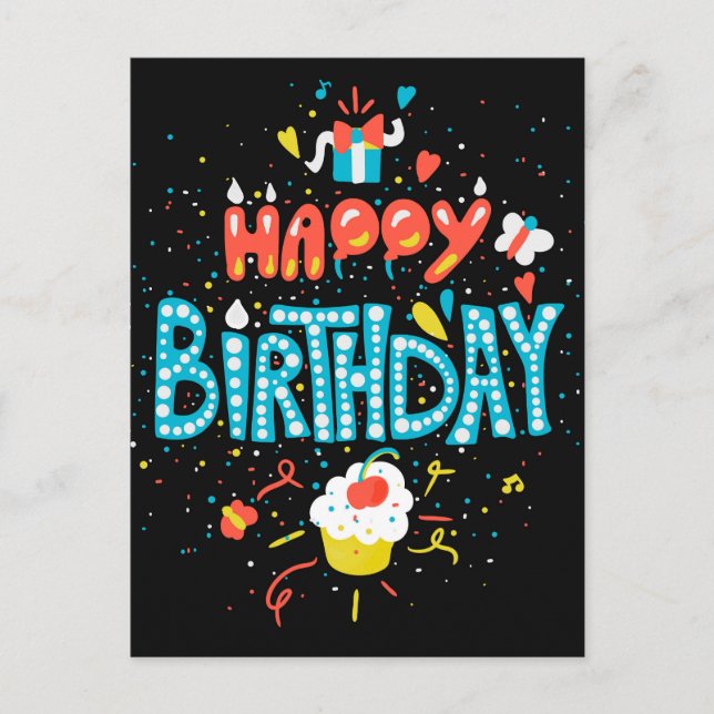 Carte Postale Joyeux Anniversaire sur Fond Noir (Devant)