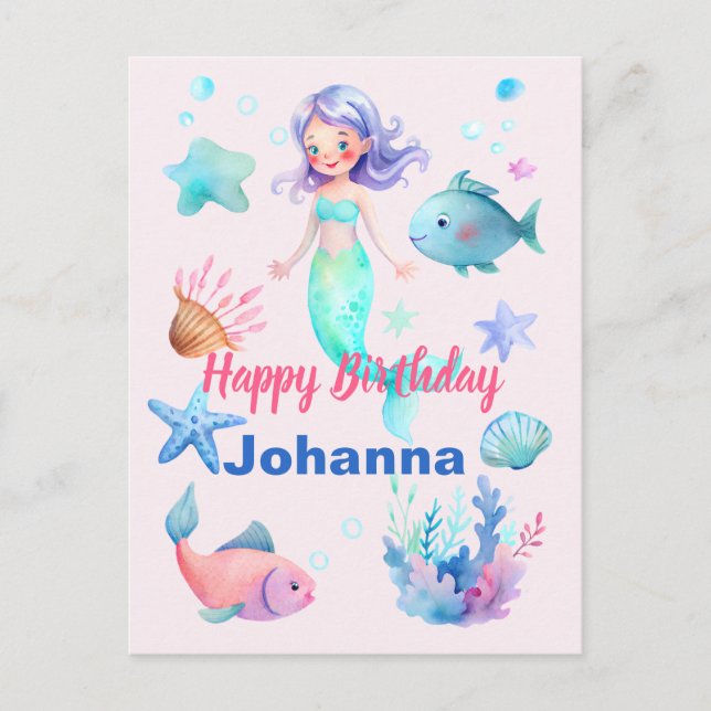 Carte Postale Joyeux Anniversaire Thème Animaux de Mer Mermaid (Devant)