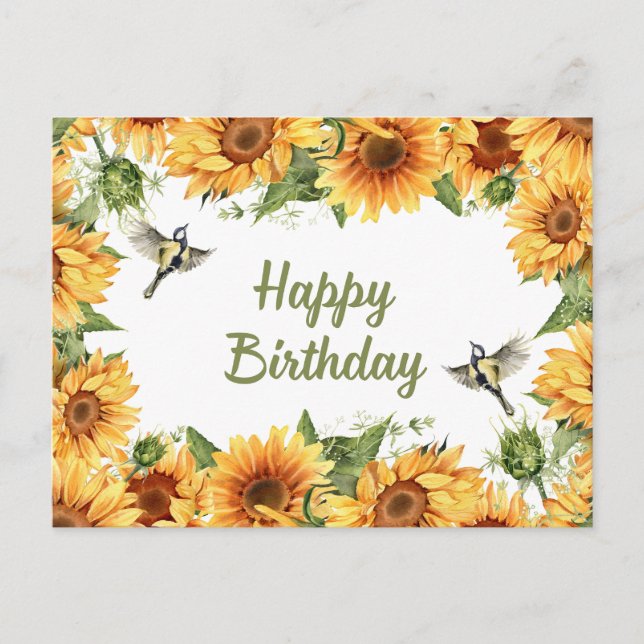 Carte Postale Joyeux Anniversaire Tournesols et Oiseaux Aquarell (Devant)
