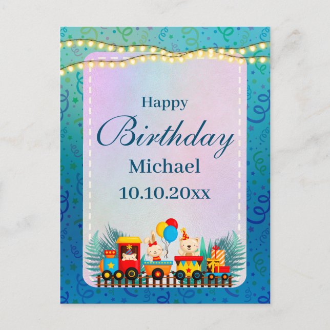 Carte Postale Joyeux Anniversaire Train Avec Vœux de Jolis Anima (Devant)