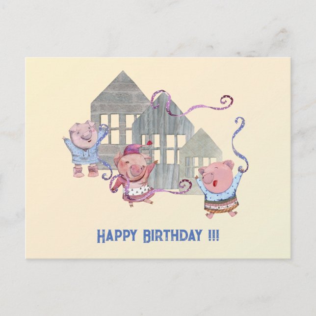 Carte Postale Joyeux Anniversaire Trois Petits Cochons Célèbrent (Devant)