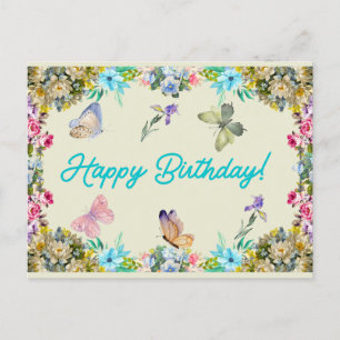 Carte Postale Joyeux anniversaire Vintage Aquarelle Fleurs