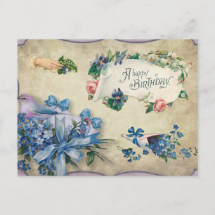Carte Postale Joyeux Anniversaire Vintage Bleu Oublier-Me-Pas Fl