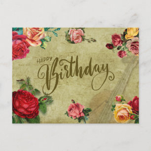 Carte Postale Joyeux anniversaire Vintage Vibrant Roses et violo