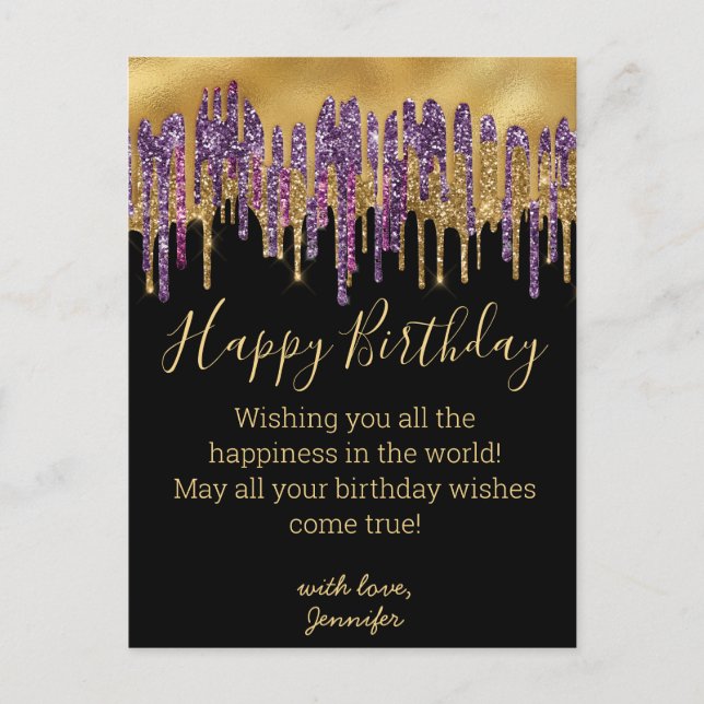 Carte Postale joyeux anniversaire violet or goutte parties scint (Devant)