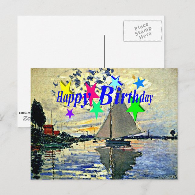 Carte Postale Joyeux anniversaire, Voilier au Petit Gennevillier (Devant / Derrière)