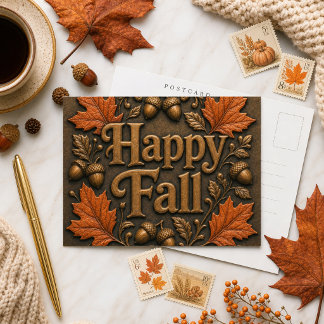 Carte Postale Joyeux Automne Rustique avec Feuilles d'Automne et