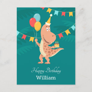 Carte postale Joyeux Balloon Cute Dinosaur au gâte