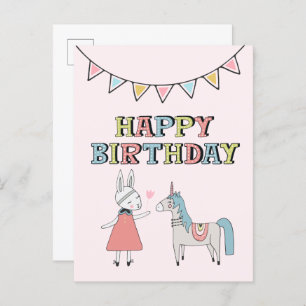 Carte Postale Joyeux Bunny et licorne d'anniversaire