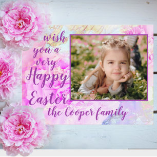 Carte Postale Joyeux cadre photo de Pâques Fleurs de pivoine