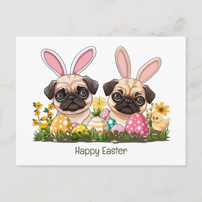 Carte Postale Joyeux Carlin de Pâques Chiens Lapin Oreilles (Devant)