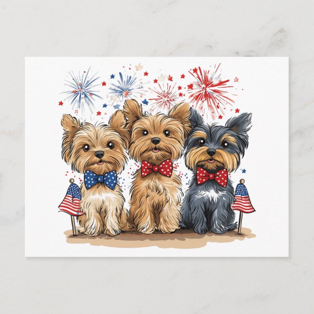Carte Postale Joyeux Chiens 4 juillet Yorkshire Terrier (Devant)