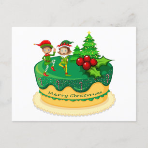 Carte Postale Joyeux elfes verts de Noël dansant sur un gâteau 