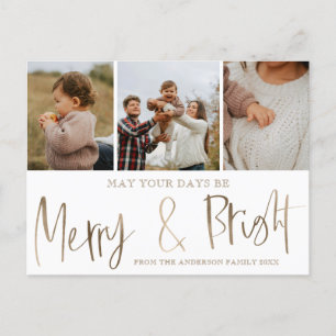 Carte Postale Joyeux et lumineux Faux Gold 3 Photo Noël