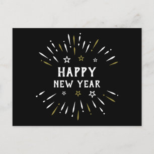 Carte Postale Joyeux feu d'artifice Black White Gold Stars