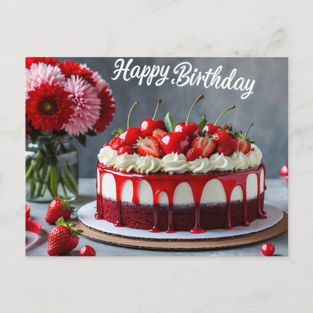 Carte Postale Joyeux gâteau aux fraises cerises d'anniversaire (Devant)