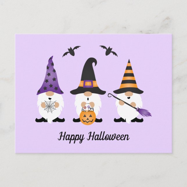 Carte Postale Joyeux Gnomes d'Halloween violet orange (Devant)