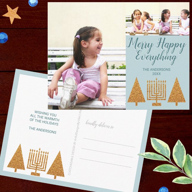 Carte Postale Joyeux Gold Blue 3 Photo Collage Holiday (Merry Happy Everything holiday postcards celebrate Hanukkah and Christmas together)