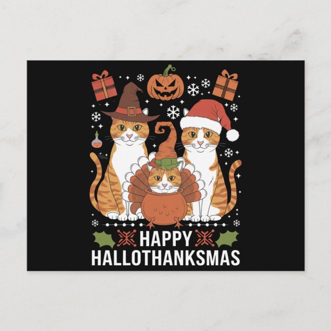 Carte Postale Joyeux Hallothanksmas Chats Halloween Noël (Devant)
