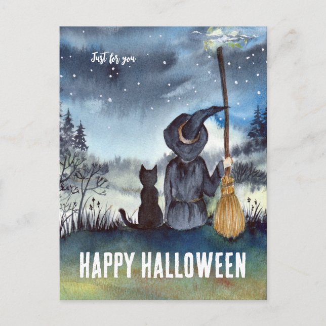 Carte Postale Joyeux Halloween Chat Noir Sorcière (Devant)