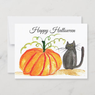 Carte Postale Joyeux Halloween Cute Black Chat Orange Citrouille