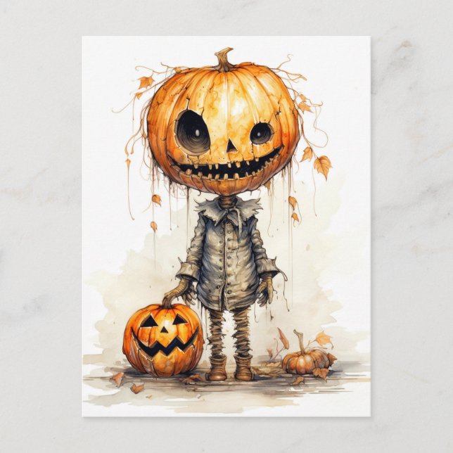 Carte Postale Joyeux Halloween Épouvantail Citrouille Art (Devant)