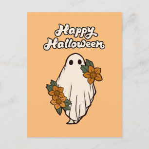 Carte Postale Joyeux Halloween Gentil Fantôme avec des Fleurs