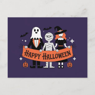 Carte Postale Joyeux Halloween   Gentil Fantôme, Momie et Sorciè