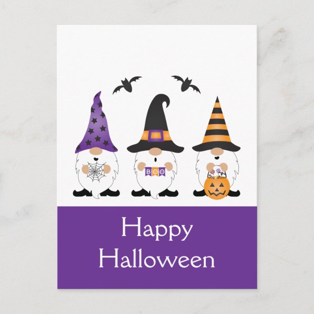 Carte Postale Joyeux Halloween Gnomes Violet Orange (Devant)