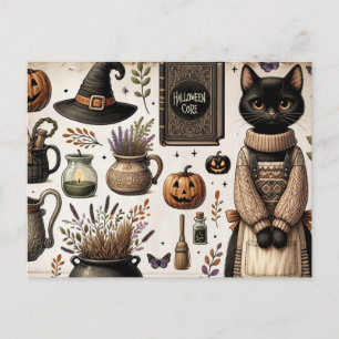 Carte Postale Joyeux Halloween Journal Déchets Chat Noir Effraya