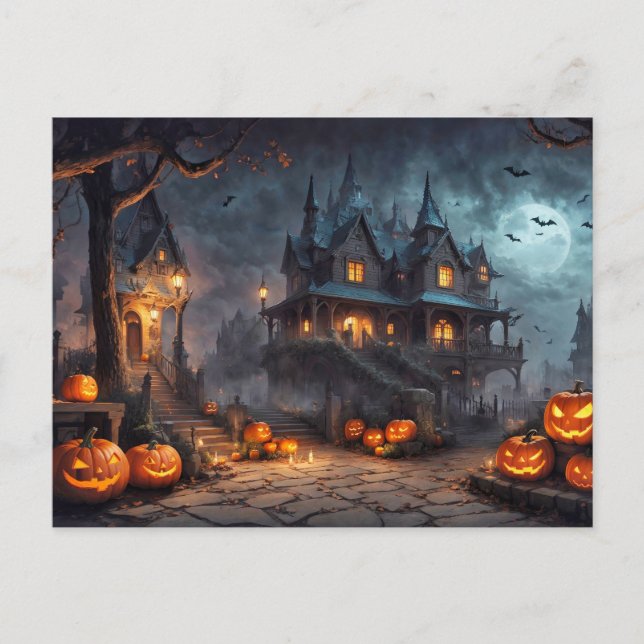 Carte Postale Joyeux Halloween | Logement Éffrayant hanté (Devant)
