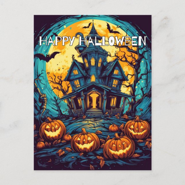 Carte Postale Joyeux Halloween | Maison ancienne hantée (Devant)