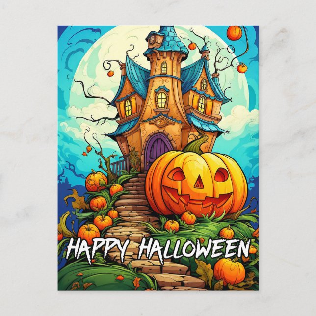 Carte Postale Joyeux Halloween | Maison Citrouille et hantée (Devant)