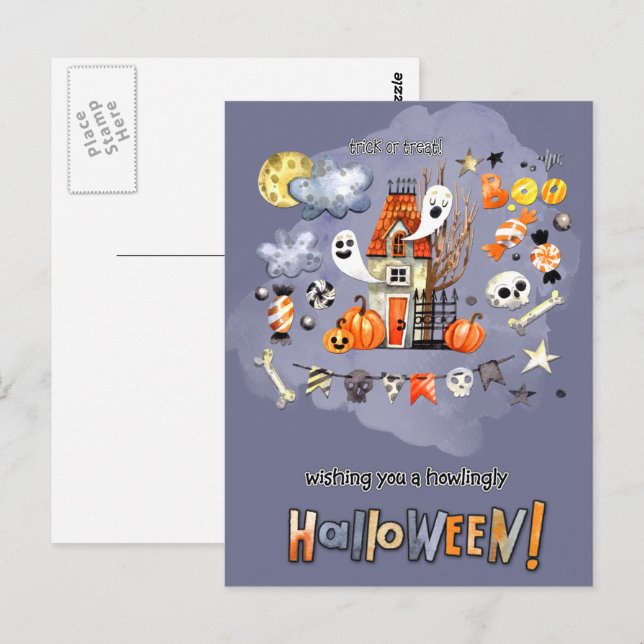 Carte Postale Joyeux Halloween. Maison Éffrayante amusante (Devant / Derrière)