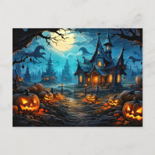 Carte Postale Joyeux Halloween Maison et Citrouilles hantés
