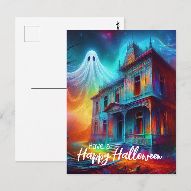 Carte Postale Joyeux Halloween Maison Hantée et Fantôme (Devant / Derrière)