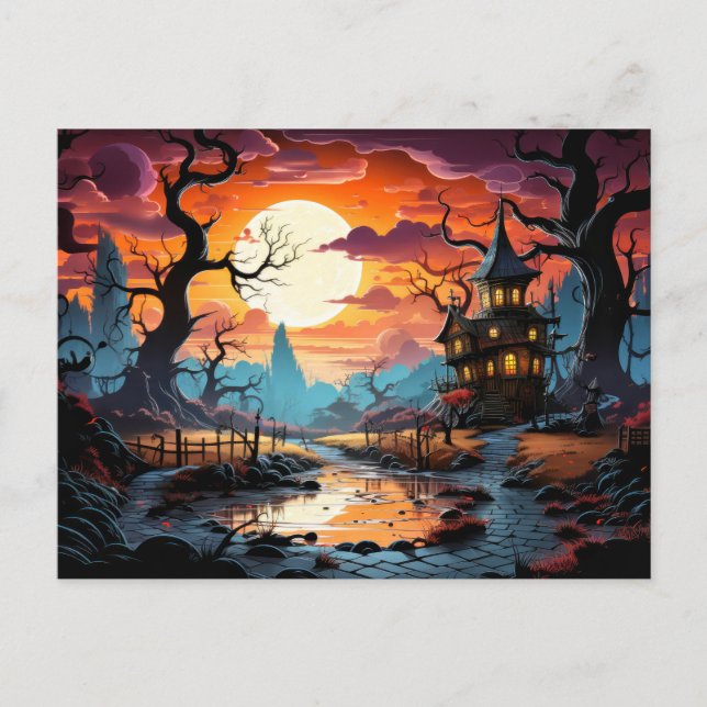 Carte Postale Joyeux Halloween | Manoir Éffrayant hanté (Devant)