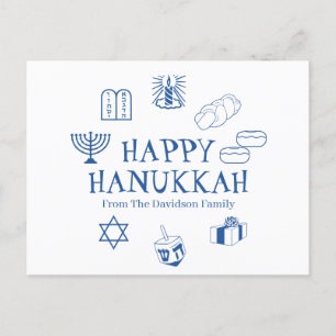 Carte Postale Joyeux Hanoukka bleu blanc nom de famille personna