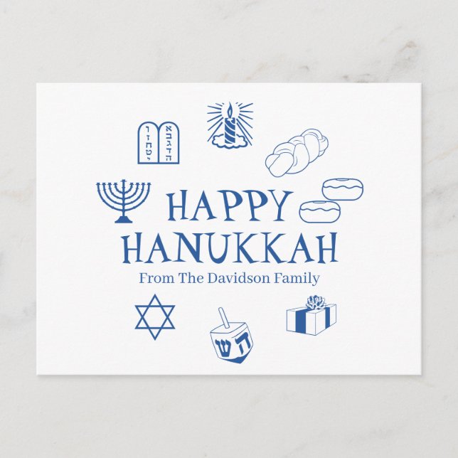 Carte Postale Joyeux Hanoukka bleu blanc nom de famille personna (Devant)